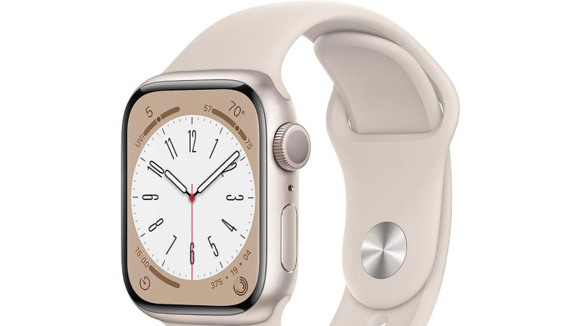 A product image of the Apple Watch Series 8 smartwatch with a light-colored aluminum case and band. 