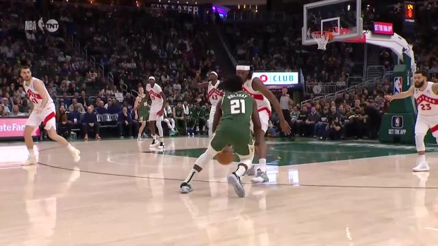 Jrue Holiday with a 3-pointer vs the Toronto Raptors