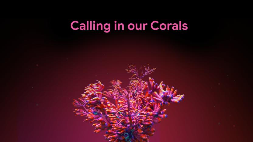 A marketing hero image showing a healthy coral (lower center) with the words "Calling in our Corals" above it. There is a reddish glow around the coral that fades to black around the edge.