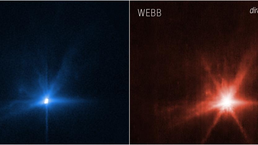 Images of NASA's DART spacecraft colliding with an asteroid, as captured by the Hubble and JWST space telescopes. 