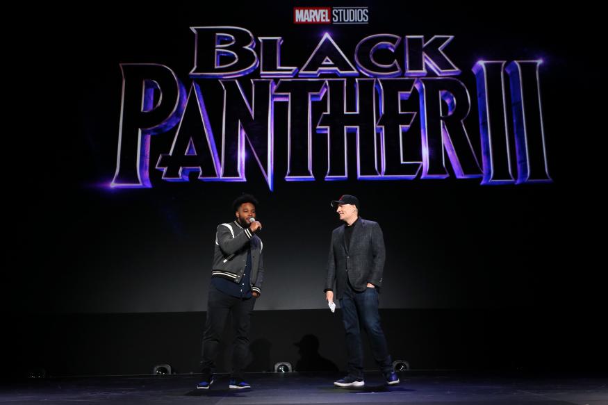 ANAHEIM, CALIFORNIA - AUGUST 24: (L-R) Ryan Coogler of 'Black Panther 2' and President of Marvel Studios Kevin Feige took part today in the Walt Disney Studios presentation at Disney’s D23 EXPO 2019 in Anaheim, Calif.  'Black Panther 2' will be released in U.S. theaters on May 6, 2020. (Photo by Jesse Grant/Getty Images for Disney)