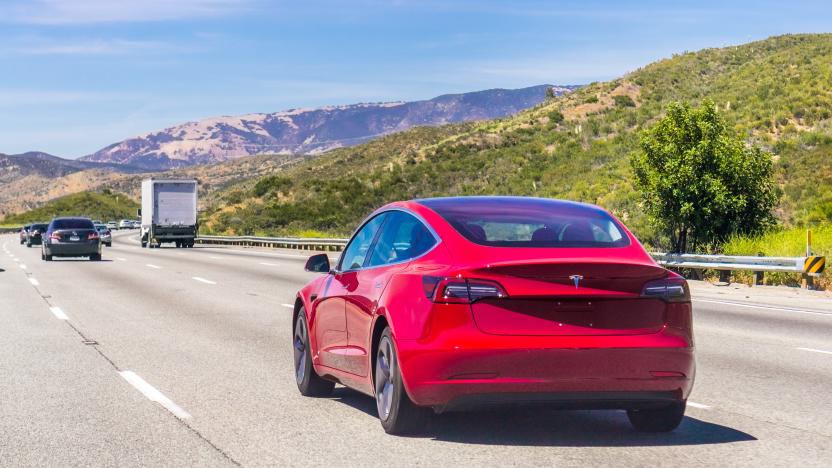 June 10, 2018 Los Angeles / CA / USA - The new Model 3 Tesla driving on the freeway, Los Angeles county