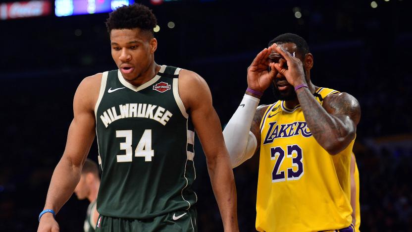 March 6, 2020; Los Angeles, California, USA; Los Angeles Lakers forward LeBron James (23) reacts toward Milwaukee Bucks forward Giannis Antetokounmpo (34) during the second half at Staples Center. Mandatory Credit: Gary A. Vasquez-USA TODAY Sports