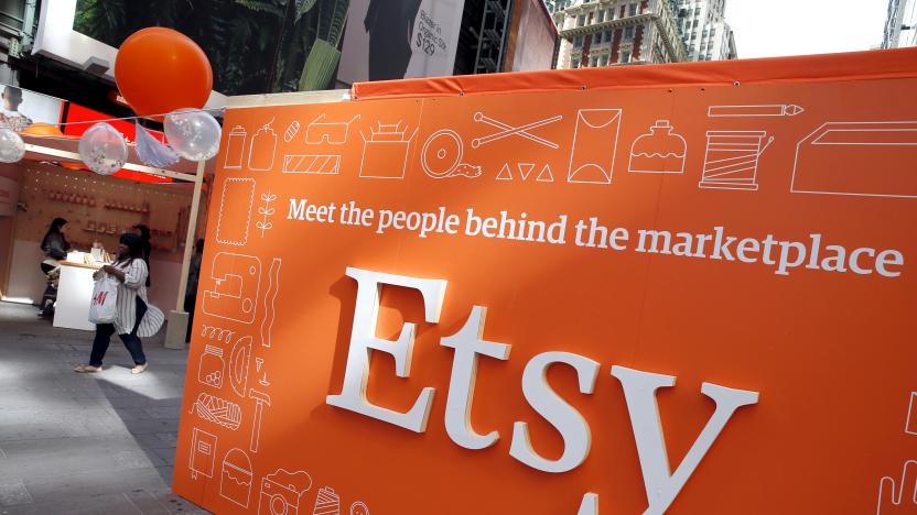 A sign advertising the online seller Etsy Inc. is seen outside the Nasdaq market site in Times Square following Etsy's initial public offering (IPO) on the Nasdaq in New York April 16, 2015.   REUTERS/Mike Segar/File Photo                 GLOBAL BUSINESS WEEK AHEAD PACKAGE - SEARCH 'BUSINESS WEEK AHEAD 31 OCT'  FOR ALL IMAGES