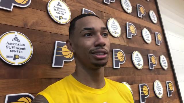 Miami’s Jordan Miller meets with media after a workout with the Pacers