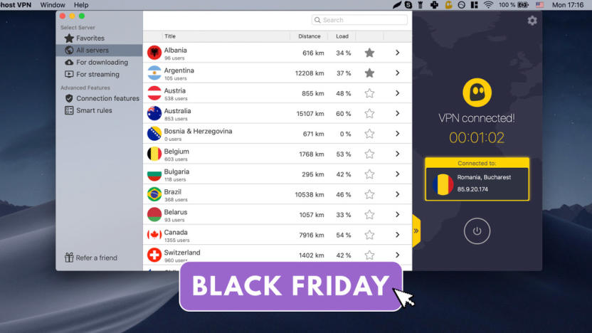 A screenshot of a Mac desktop with CyberGhost VPN running in the foreground. A purple "Black Friday" logo hovers near the bottom of the screen.