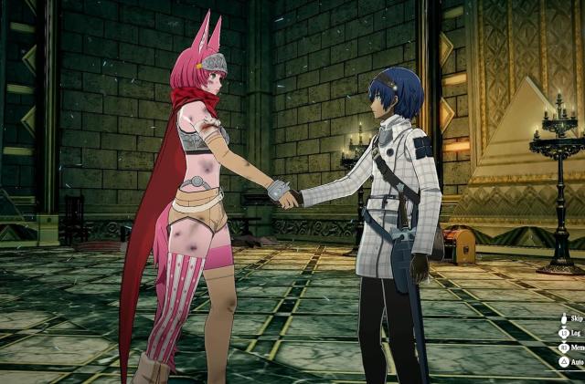 Two video game characters in the middle of the image, shaking hands.