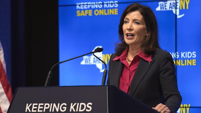 FILE — New York Gov. Kathy Hochul speaks during a news conference in New York, Oct. 11, 2023. New York Gov. Kathy Hochul signed a bill, Thursday, June 20, 2024, that would allow parents to block their children from getting social media posts suggested by a platform's algorithm, a move to limit feeds critics argue are addictive. (AP Photo/Seth Wenig, File)