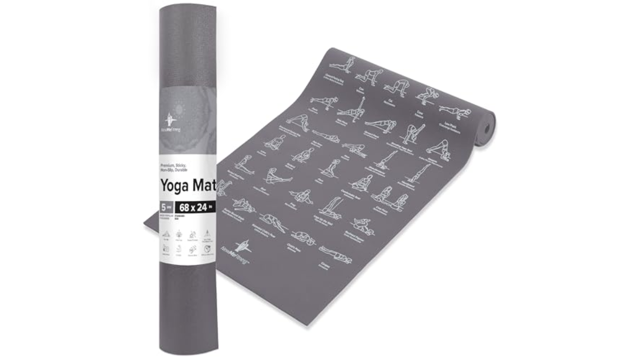 NewMe, Fitness Instructional Yoga Mat, Printed w/ 70 Illustrated Poses,  Black