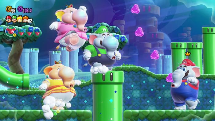 Elephant versions of Mario, Luigi, Peach and Daisy in Super Mario Bros. Wonder.