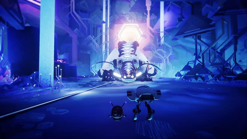 Two characters in the foreground look toward a giant creature. The environment is lit in blue.