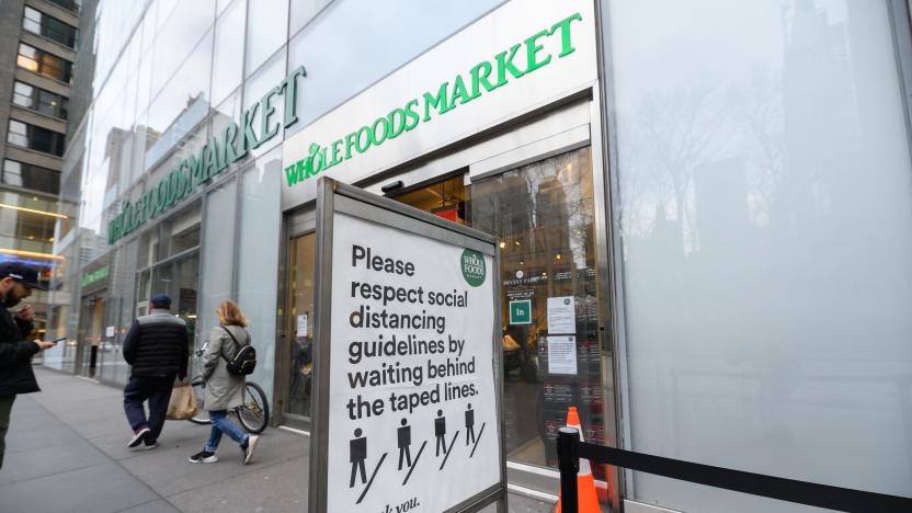 NEW YORK, NY - MARCH 31: A view outside Whole Foods Market during the Coronavirus pandemic on March 31, 2020 in New York City. President Trump has extended the social distancing guidelines to April 30. (Photo by Noam Galai/Getty Images)