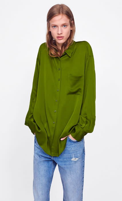 zara green satin shirt