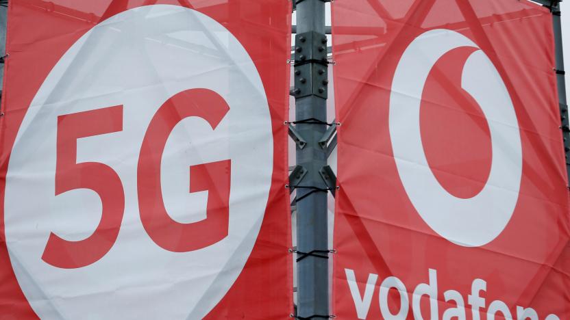 Logos of 5G technology and telecommunications company Vodafone are pictured at the 5G Mobility Lab of Vodafone in Aldenhoven, Germany, November 27, 2018. Picture taken November 27, 2018. REUTERS/Thilo Schmuelgen