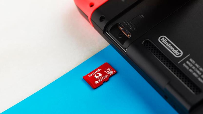 A microSD card sliding into the Switch.