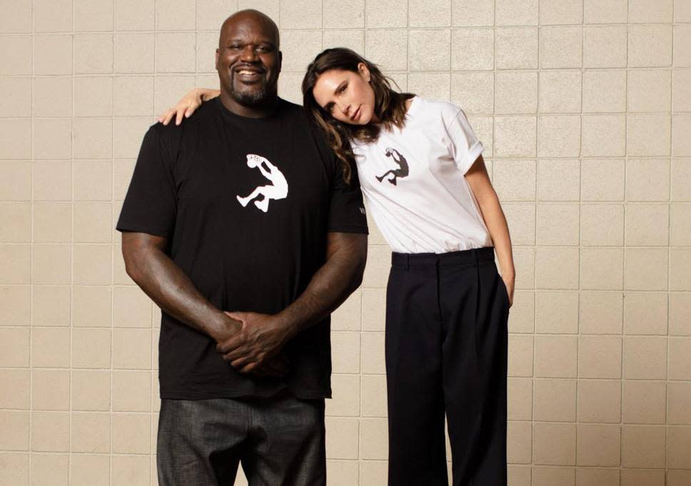 Photos of celebrities standing next to Shaq