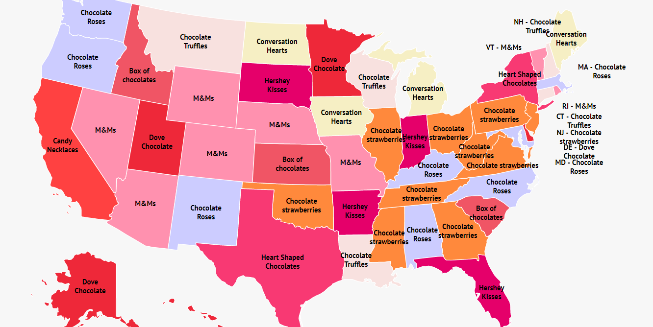 This map shows America’s most popular Valentine’s Day sweets by state