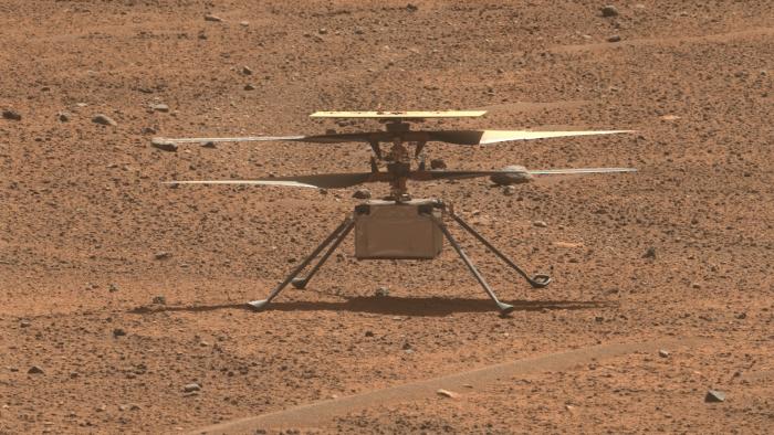 The Ingenuity helicopter in an image taken by the Perseverance rover