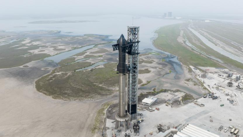 Fully stacked SpaceX Starship rocket at the company's Boca Chica facility in Texas. 