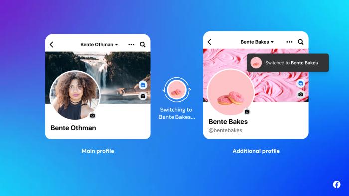 Facebook marketing image showing a new feature that lets you add additional interest-based profiles to your primary account. Two snippets of the app side by side. Left: Bente Othman, featuring a woman's picture. Right: Bente Bakes, a secondary profile with donuts and icing for pictures. A pop-up on the right image says "Switched to Bente Bakes." Blue gradient background.