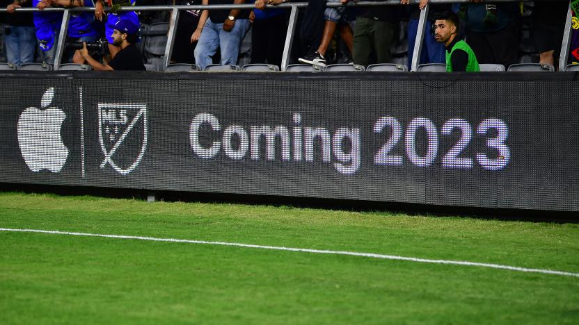 Sep 18, 2022; Los Angeles, California, USA; LED signage for MLS on Apple TV during the first half at Banc of California Stadium. Mandatory Credit: Gary A. Vasquez-USA TODAY Sports