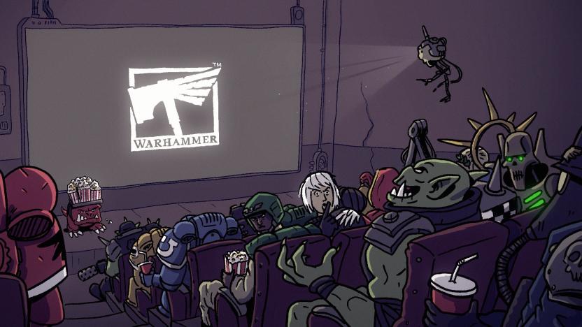 Illustration of fantasy creatures such as orcs sitting in a movie theater. The Warhammer logo is displayed on the screen.
