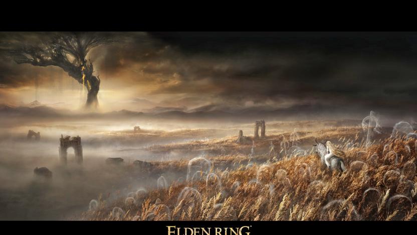 A key artwork for Elden Ring's upcoming DLC video game entitled 'Shadow of the Erdtree', where you see a lone rider on a white horse heading through tall wheat fields towards a distant massive tree amongst a dark and turbulent horizon.
