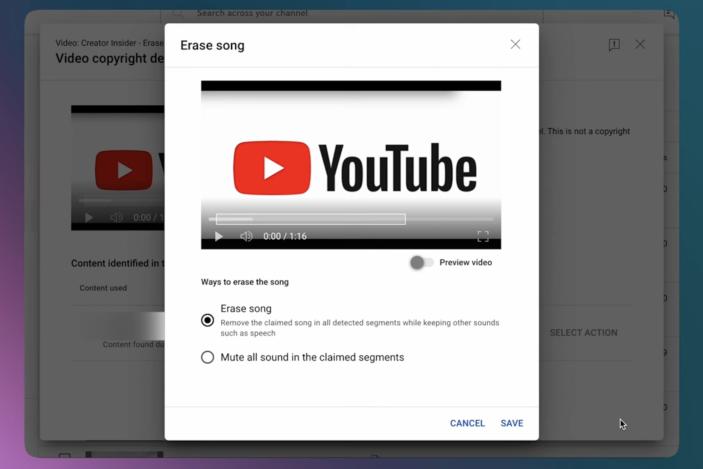 A screenshot of YouTube's erase song feature.