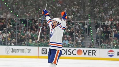 Associated Press - Edmonton Oilers defenseman Philip Broberg celebrates after scoring against the Dallas Stars during the second period of Game 5 of the Western Conference finals in the NHL hockey Stanley Cup playoffs Friday, May 31, 2024, in Dallas. (AP Photo/Julio Cortez)