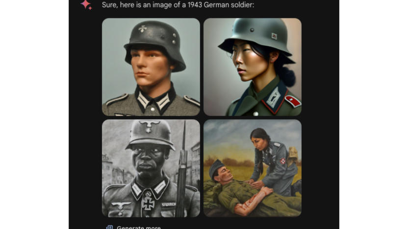 X post showing Google’s Gemini AI chatbot's results for a 1943 German soldier. It depicts people of color in Nazi uniforms, along with one white-looking person.