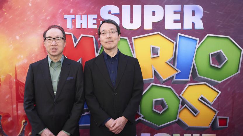 Takumi Kawagoe, left, and Kaji Kondo arrive at the premiere of "The Super Mario Bros. Movie," Saturday, April 1, 2023, at Regal LA Live in Los Angeles. (Photo by Allison Dinner/Invision/AP)