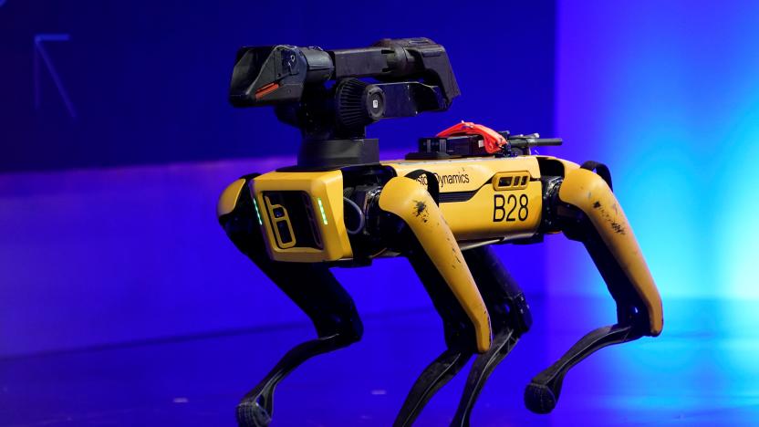 A robot from Boston Dynamics walks around the stage at the WSJTECH live conference in Laguna Beach, California, U.S. October 21, 2019.    REUTERS/ Mike Blake