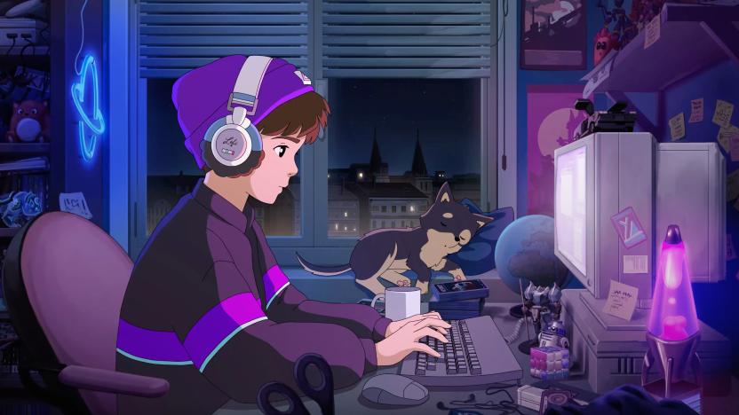 An still from the animated background for the Lofi Girl's new Synthwave channel, showing Lofi Boy sitting at a computer at night, with his small dog next to him in the window sill.