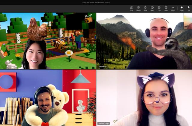 Screenshot of a Microsoft Teams call, showing users with Snapchat Lenses enabled. One has cat ears, while another has a Minecraft background and a chicken on their head. Other users are shown with a sloth and teddy bear hugging them.