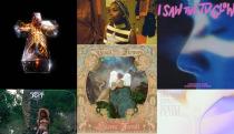 A collage showing album covers for: Justice's Hyperdrama, Sierra Ferrell's Trail of Flowers, Hikaru Utada's Science Fiction, Castle Rat's Into the Realm, Caroline Polachek's single “Starburned and Unkissed,” and Hannah Jadagu's Aperture

