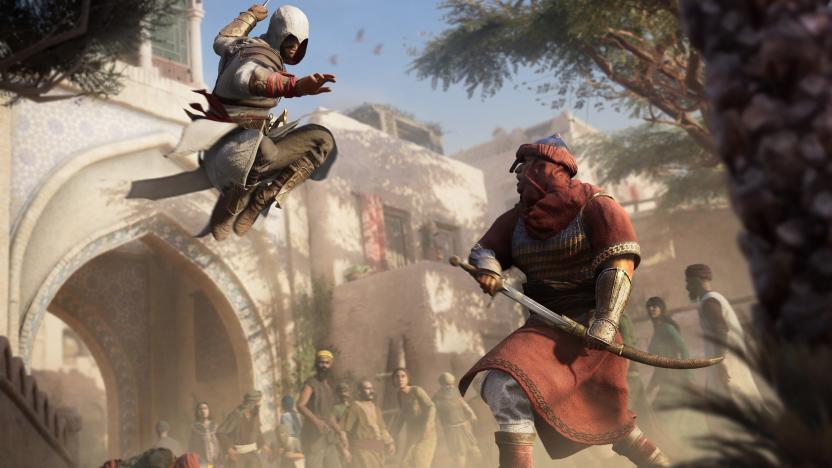 Assassin's Creed: Mirage screenshot showing protagonist Basim leaping at an enemy with his hidden blade.