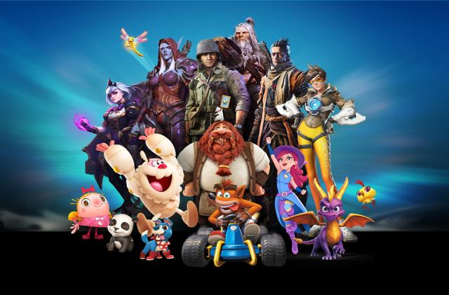 A collage of little over a dozen Activision Blizzard characters.