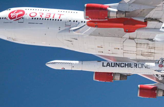 Virgin Orbit Cosmic Girl aircraft carries LauncherOne rocket