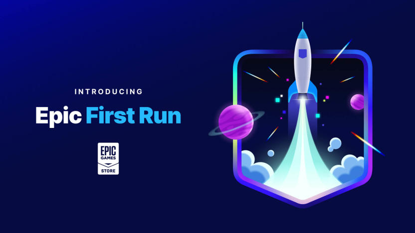 Illustration of the Epic Games badge with a rocket blasting into space. Text: "Introducing Epic First Run."