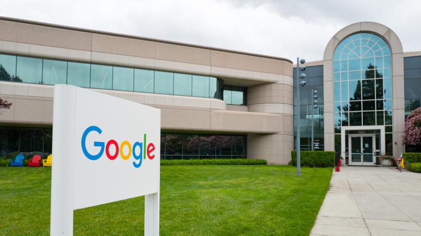 Logo with signage in front of Building 44, which houses employees working on the Android mobile phone operating system, at the Googleplex, headquarters of Google Inc in the Silicon Valley town of Mountain View, California, April 7, 2017. (Photo via Smith Collection/Gado/Getty Images).