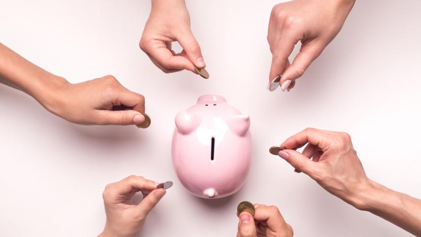 Togetherness concept. People hands throwing coins in piggy bank for crowdfunding, white background