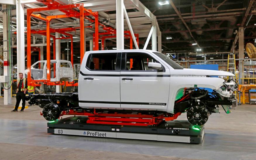 A Lordstown Motors pre-production all electric pickup truck, the Endurance, is seen after being merged with a chassis at the Lordstown Assembly Plant in Lordstown, Ohio, U.S., June 21, 2021.   