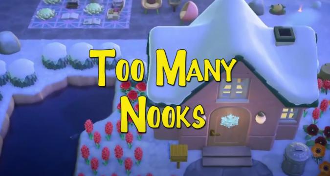A screenshot from "Too Many Nooks," a parody of the viral video "Too Many Cooks," which was recreated in Animal Crossing: New Horizons/