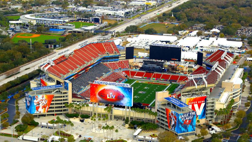 TAMPA, FLORIDA - JANUARY 31:  An aerial view of Raymond James Stadium ahead of Super Bowl LV on January 31, 2021 in Tampa, Florida. (Photo by Mike Ehrmann/Getty Images)