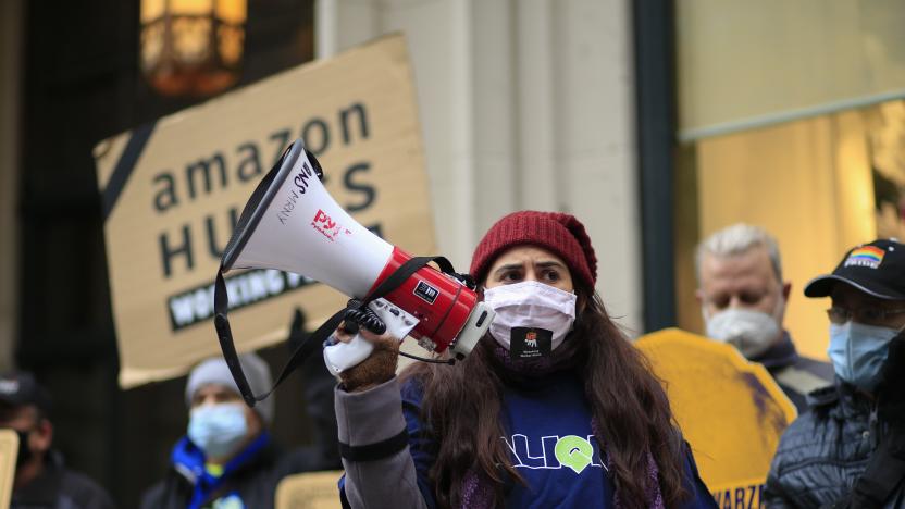 Maritza Silva, executive director of Align NY, speaks during a protest organized by New York Communities for Change and Make the Road New York in front of the Jeff Bezos' Manhattan residence in New York on December 2, 2020. (Photo by Kena Betancur / AFP) (Photo by KENA BETANCUR/AFP via Getty Images)