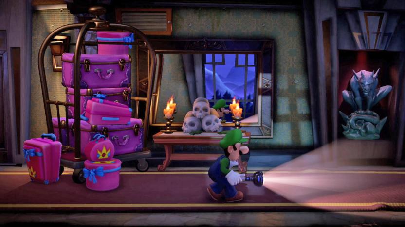 A still from the video game Luigi's Mansion with him holding a flashlight and exploring a dark spooky hallway.
