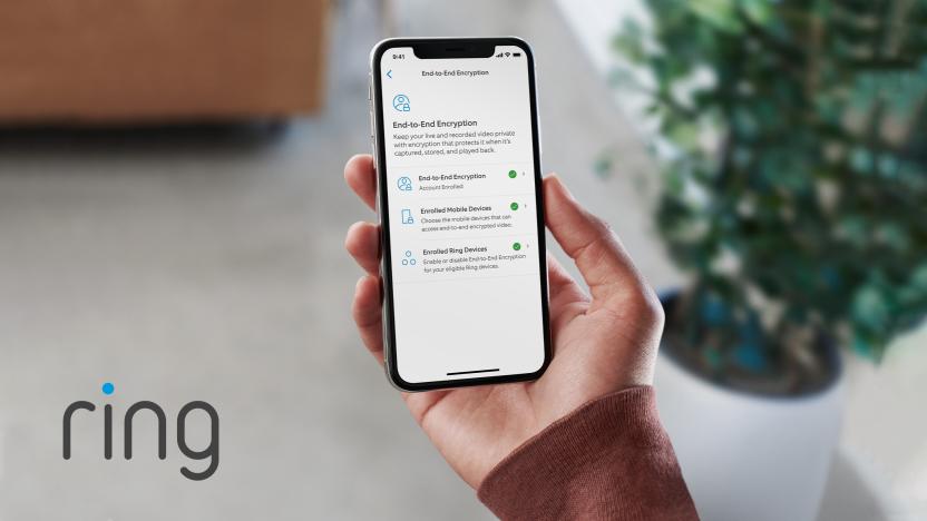 Image of a smartphone with the Ring app, letting you activate end-to-end encryption.