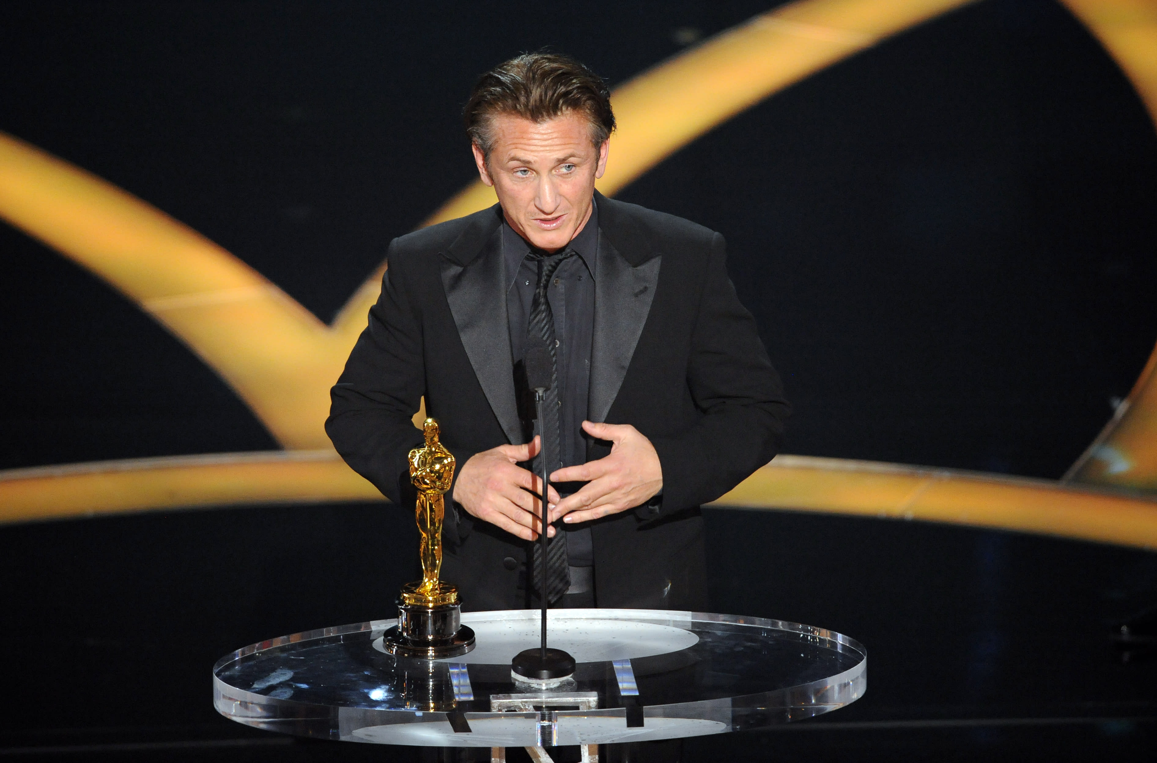 Sean Penn accepts the Oscar for Best Actor for his work in "Milk" during the 81st Academy Awards on Sunday, Feb. 22, 2009. (Credit: AP Photo/Mark J. Terrill)