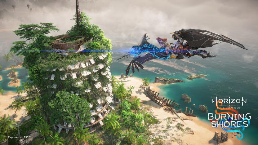 Aloy flies above a ruined tower on top of a Sunwing, a pterodactyl-like robot. Below the tower, there are palm trees, a sandy shore and tropical waters. 