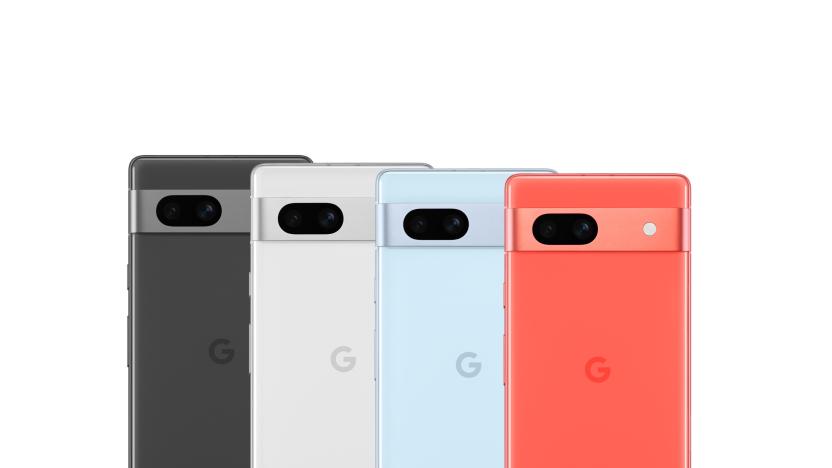 All four colors of Google’s $499 Pixel 7a are shown lined up next to each other.